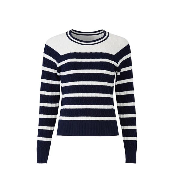 MILLY Stripe Textured Cable Stitch Crew Neck Sweater in Navy & White Size Medium - Picture 5 of 13